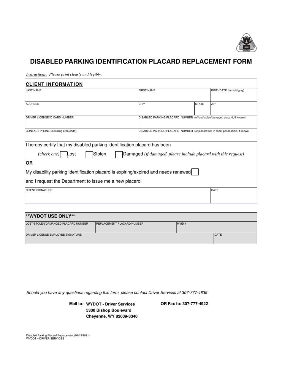 Disabled Parking Identification Placard Replacement Form - Wyoming, Page 1