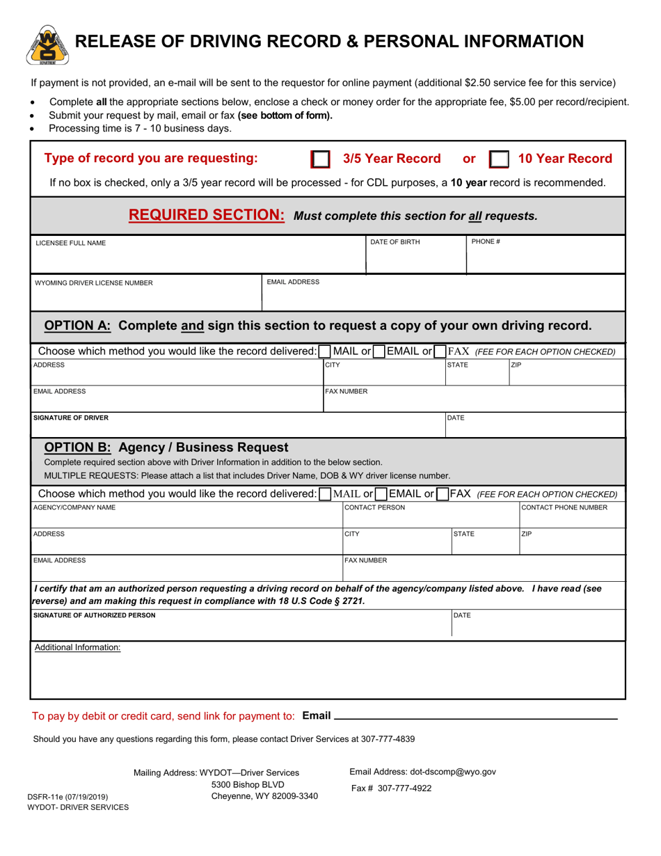 Form DSFR-11E Release of Driving Record  Personal Information - Wyoming, Page 1
