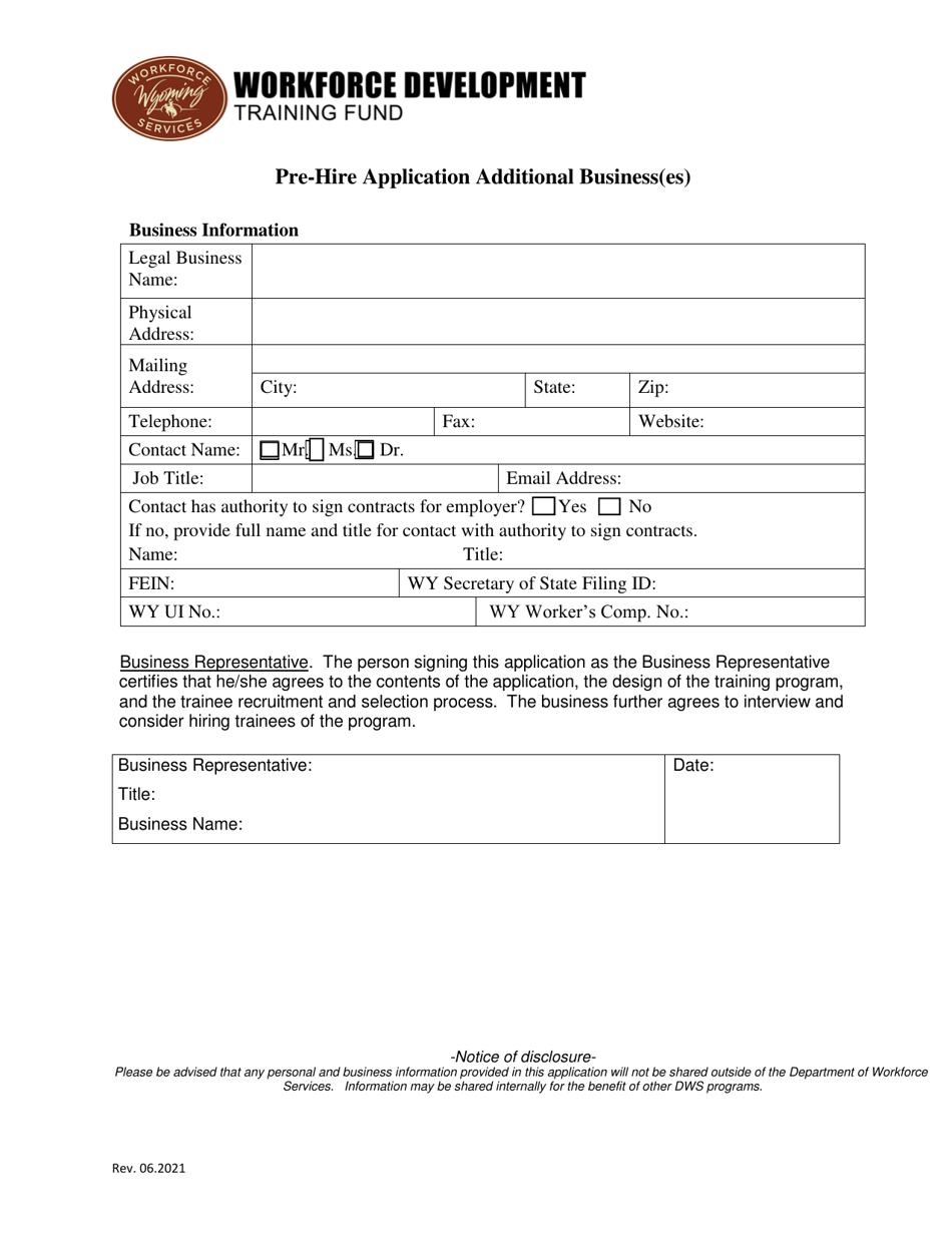 Pre-hire Application Additional Business(Es) - Wyoming, Page 1