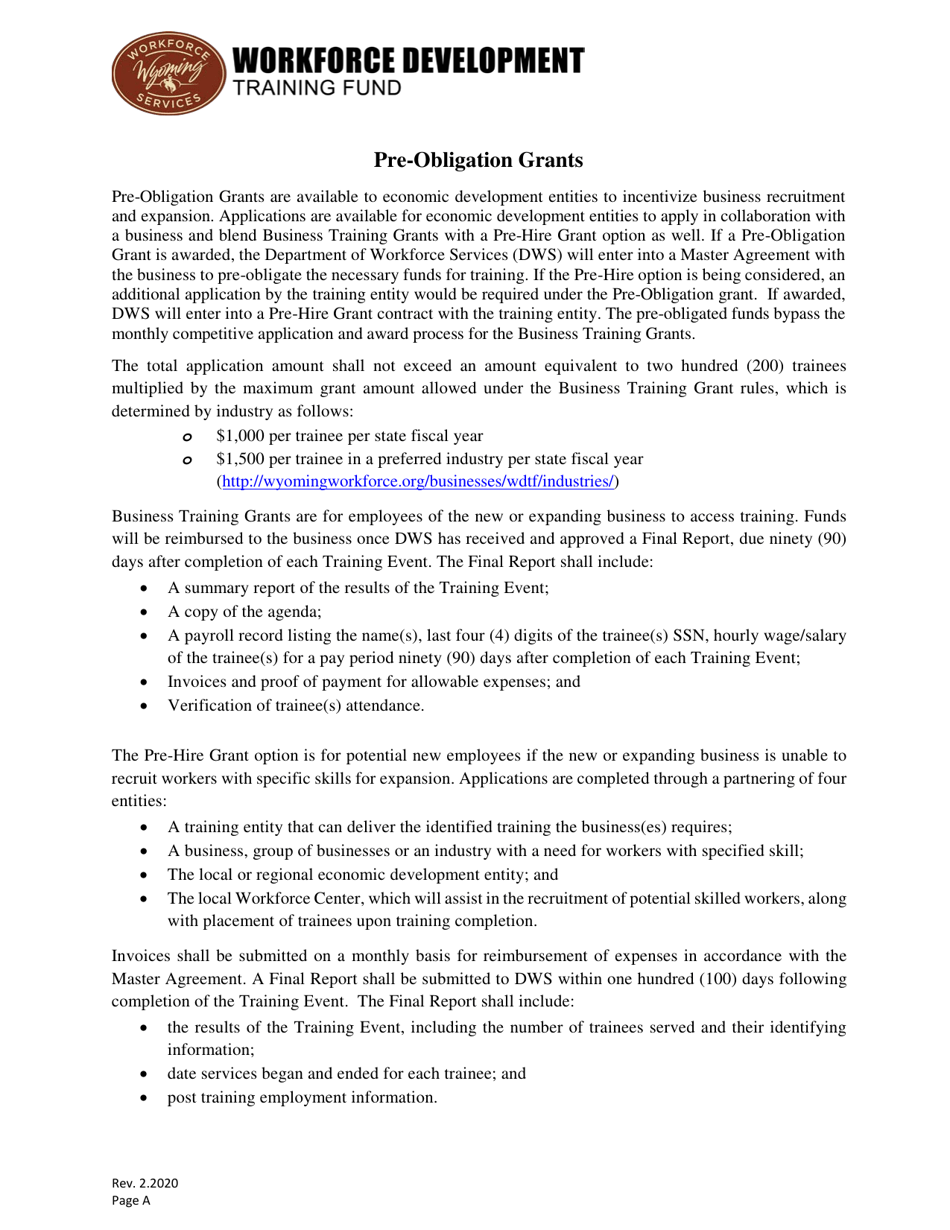 Pre-obligation Grant Application - Wyoming, Page 1