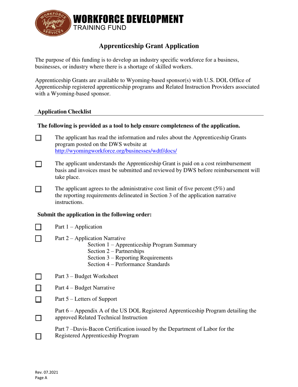 Apprenticeship Grant Application - Wyoming, Page 1