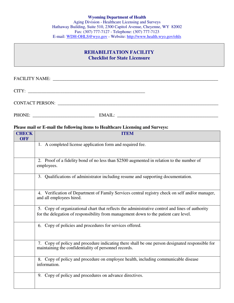 Rehabilitation Facility Checklist for State Licensure - Wyoming, Page 1