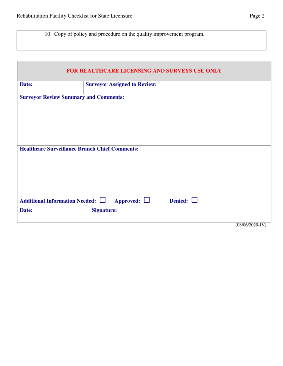 Rehabilitation Facility Checklist for State Licensure - Wyoming, Page 2
