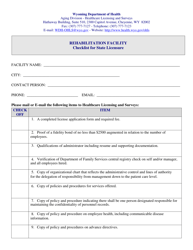 &quot;Rehabilitation Facility Checklist for State Licensure&quot; - Wyoming