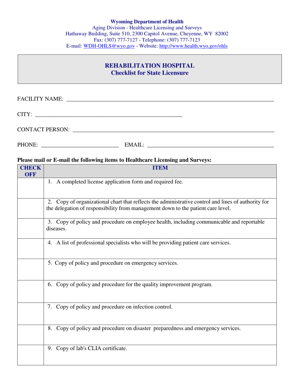 Rehabilitation Hospital Checklist for State Licensure - Wyoming, Page 1