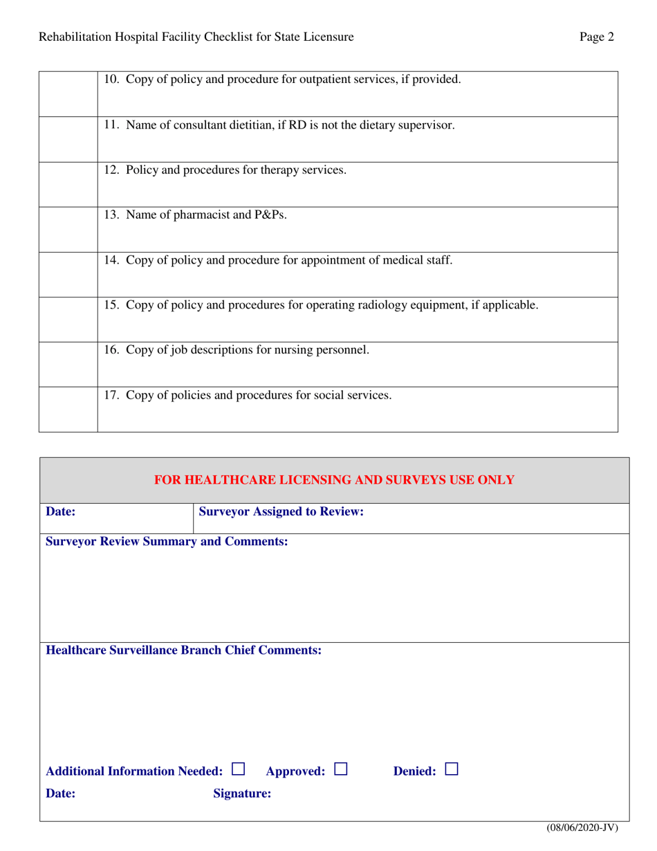 Rehabilitation Hospital Checklist for State Licensure - Wyoming, Page 2