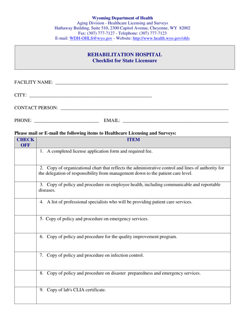 Rehabilitation Hospital Checklist for State Licensure - Wyoming