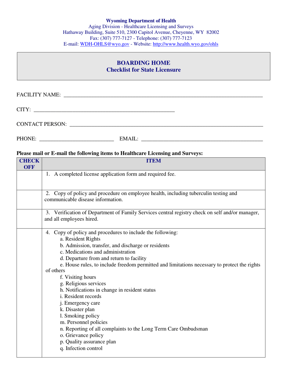 Boarding Home Checklist for State Licensure - Wyoming, Page 1