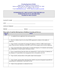 &quot;Intermediate Care Facility for Individuals With Intellectual Disabilities Checklist for State Licensure&quot; - Wyoming