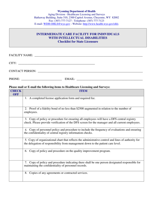 Intermediate Care Facility for Individuals With Intellectual Disabilities Checklist for State Licensure - Wyoming Download Pdf