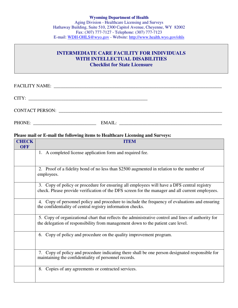 Intermediate Care Facility for Individuals With Intellectual Disabilities Checklist for State Licensure - Wyoming, Page 1