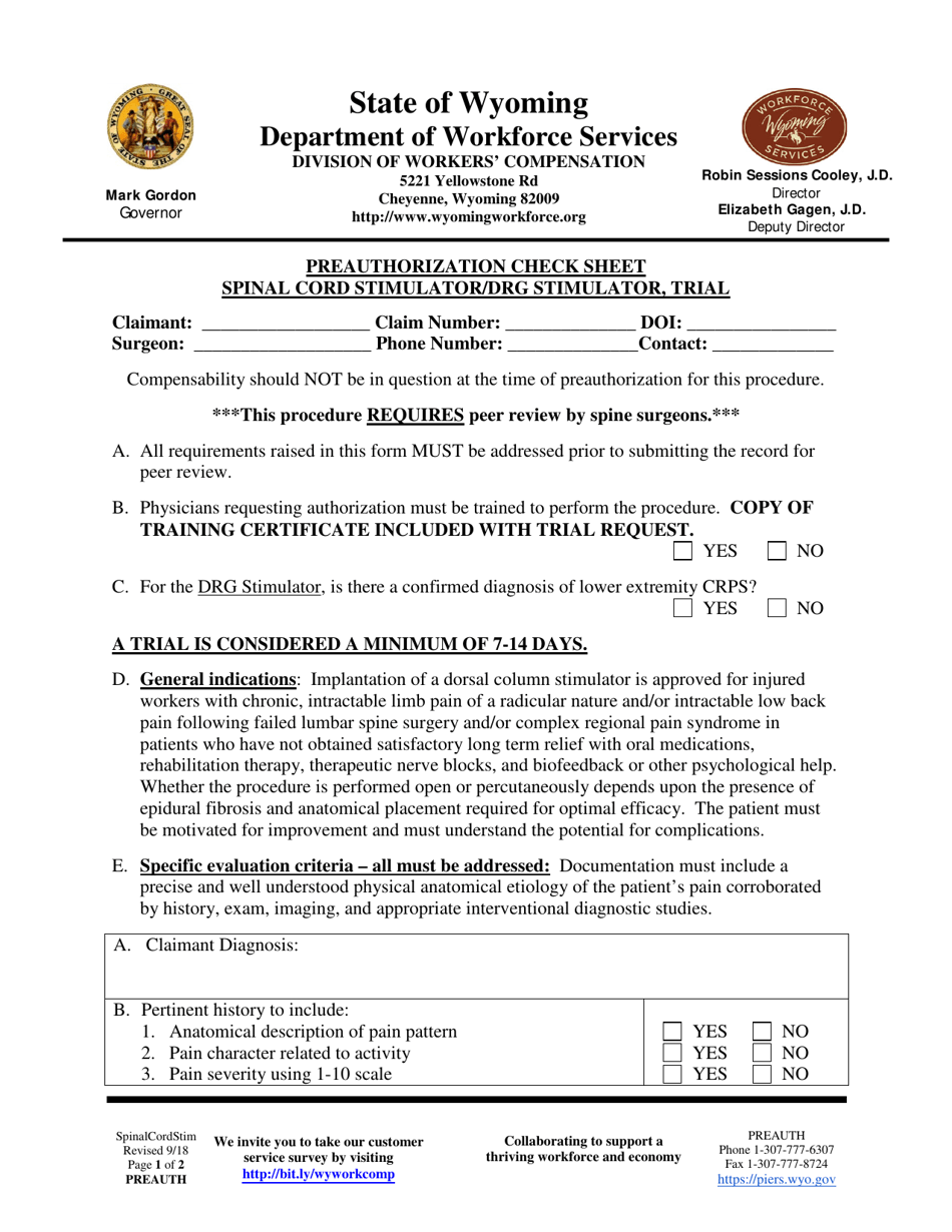 Preauthorization Check Sheet - Spinal Cord Stimulator / Drg Stimulator, Trial - Wyoming, Page 1