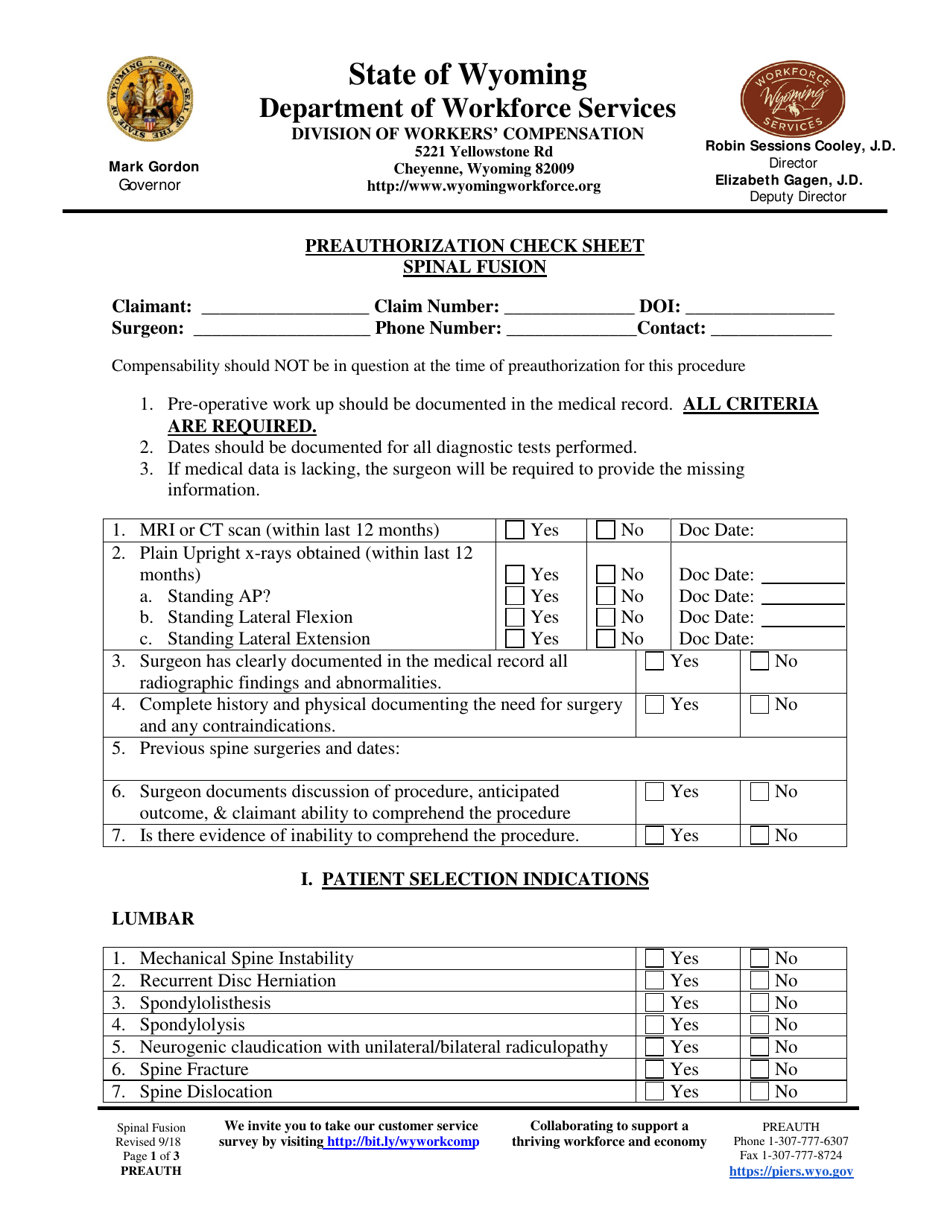 Preauthorization Check Sheet - Spinal Fusion - Wyoming, Page 1