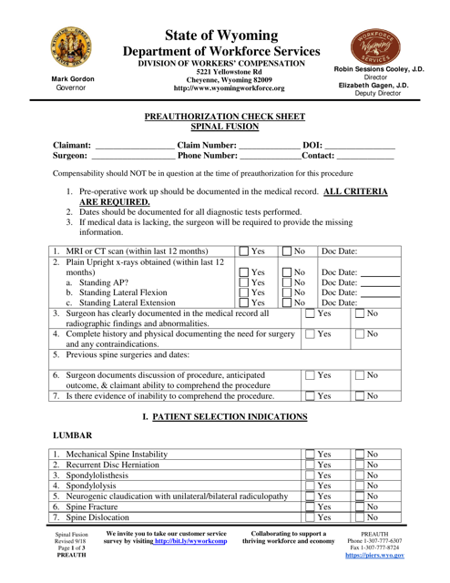 Preauthorization Check Sheet - Spinal Fusion - Wyoming Download Pdf