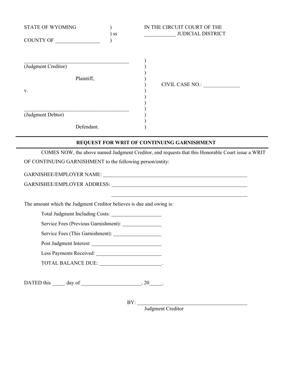 Request for Writ of Continuing Garnishment - Wyoming, Page 1