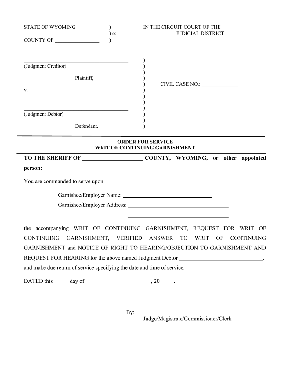Order for Service Writ of Continuing Garnishment - Wyoming, Page 1