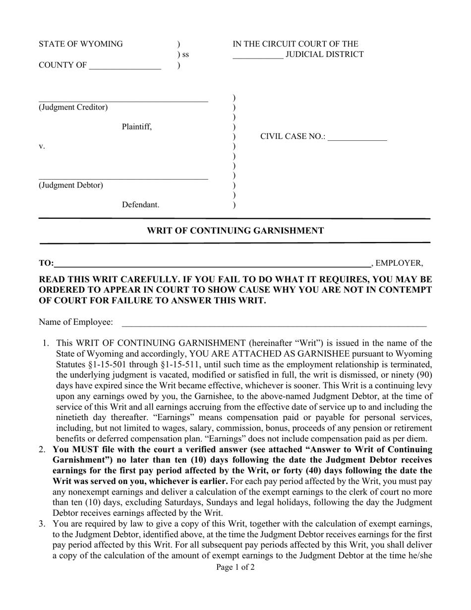 Writ of Continuing Garnishment - Wyoming, Page 1