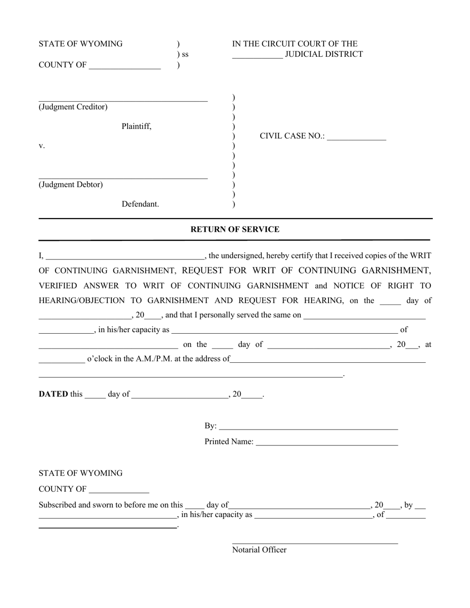Return of Service - Continuing Garnishment - Wyoming, Page 1