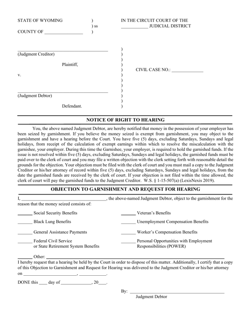 Notice of Right to Hearing and Objection - Continuing Garnishment - Wyoming Download Pdf