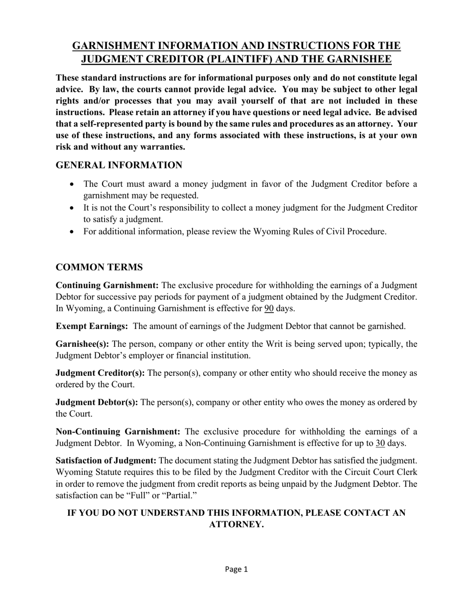 Garnishment Information and Instructions for the Judgment Creditor (Plaintiff) and the Garnishee - Wyoming, Page 1