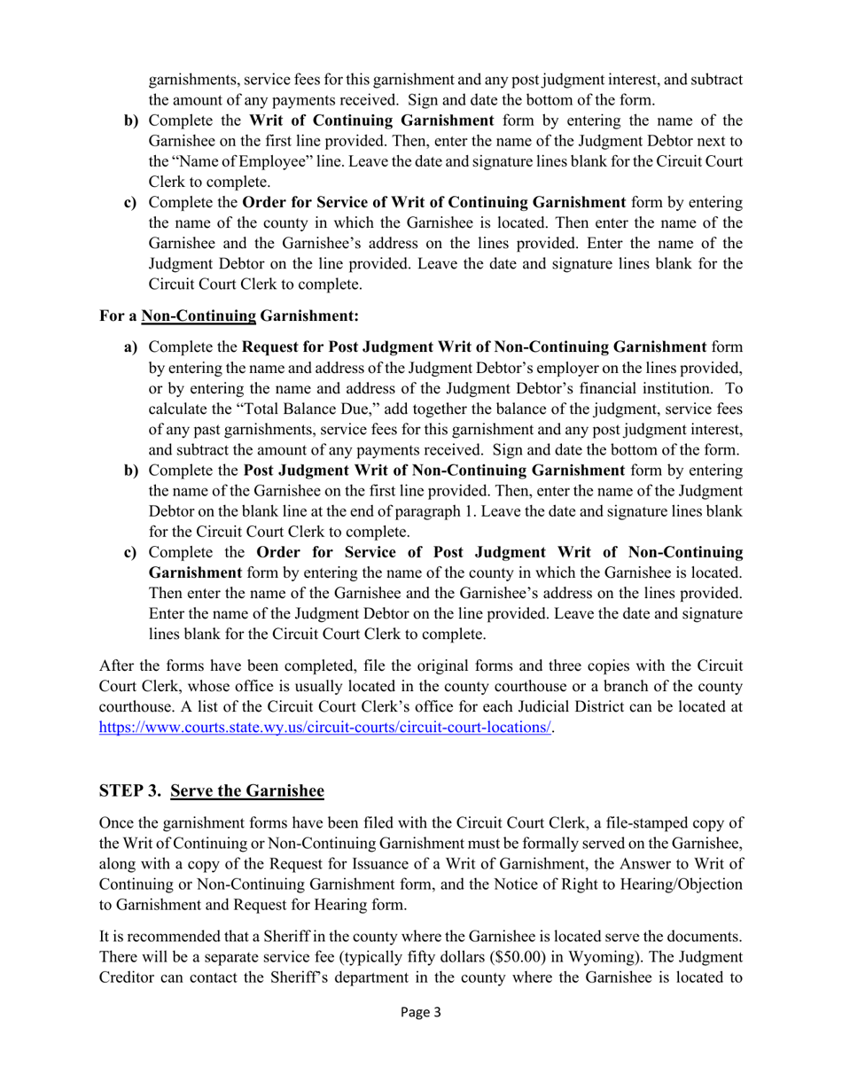 Garnishment Information and Instructions for the Judgment Creditor (Plaintiff) and the Garnishee - Wyoming, Page 3
