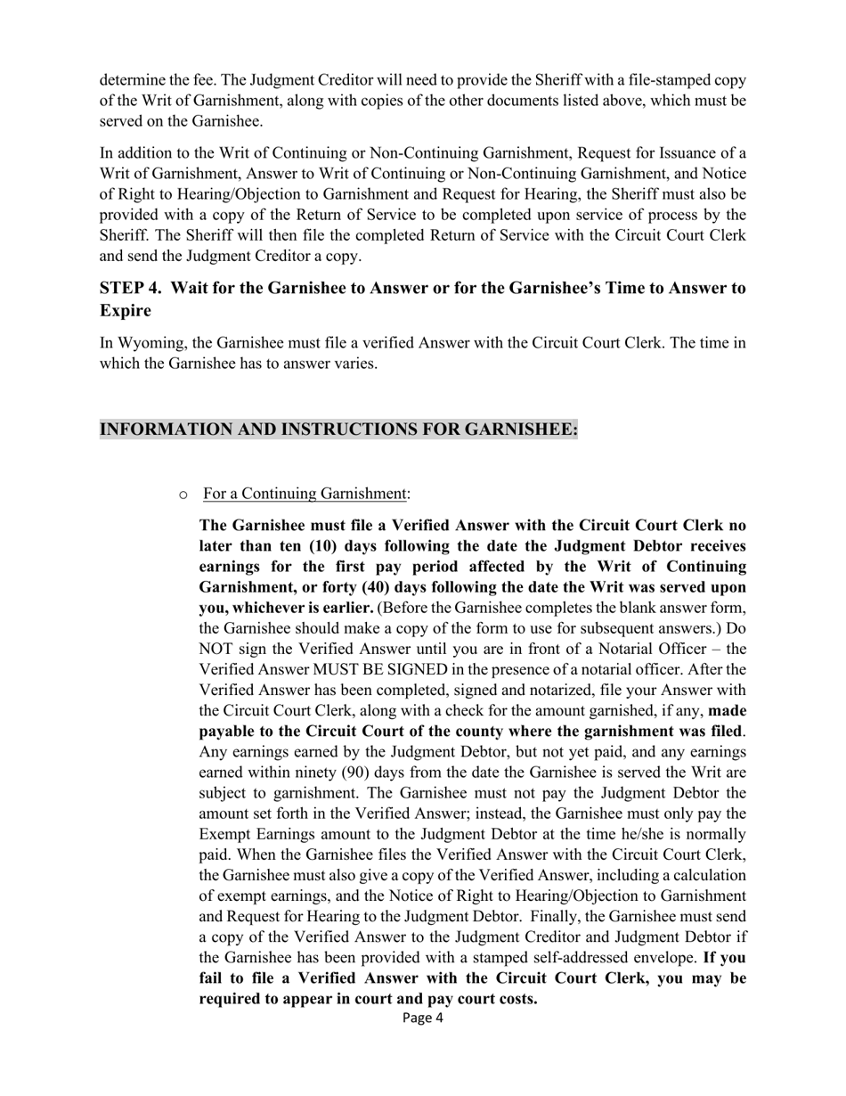 Garnishment Information and Instructions for the Judgment Creditor (Plaintiff) and the Garnishee - Wyoming, Page 4