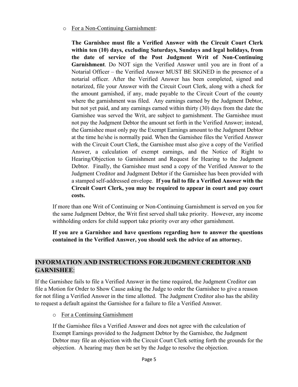 Garnishment Information and Instructions for the Judgment Creditor (Plaintiff) and the Garnishee - Wyoming, Page 5