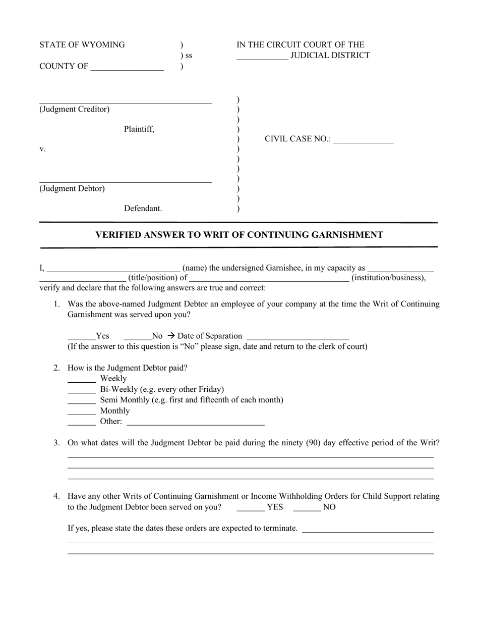 Verified Answer to Writ of Continuing Garnishment - Wyoming, Page 1