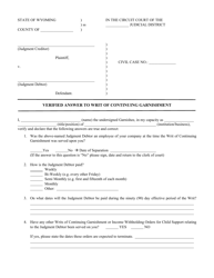 Document preview: Verified Answer to Writ of Continuing Garnishment - Wyoming