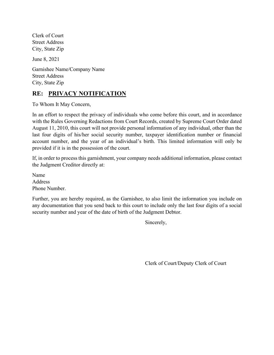 Privacy Notification Letter - Continuing Garnishment - Wyoming, Page 1