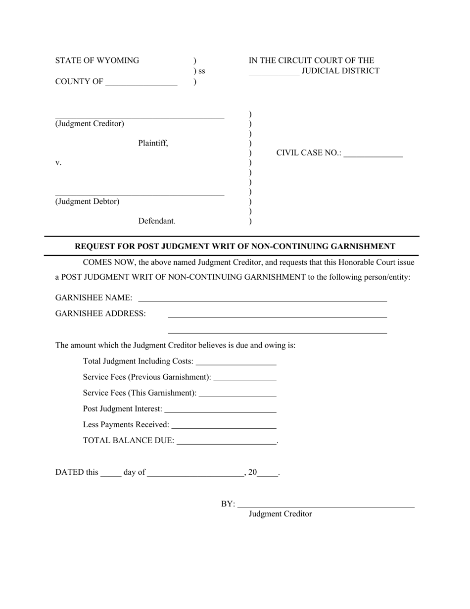 Request for Post Judgment Writ of Non-continuing Garnishment - Wyoming, Page 1