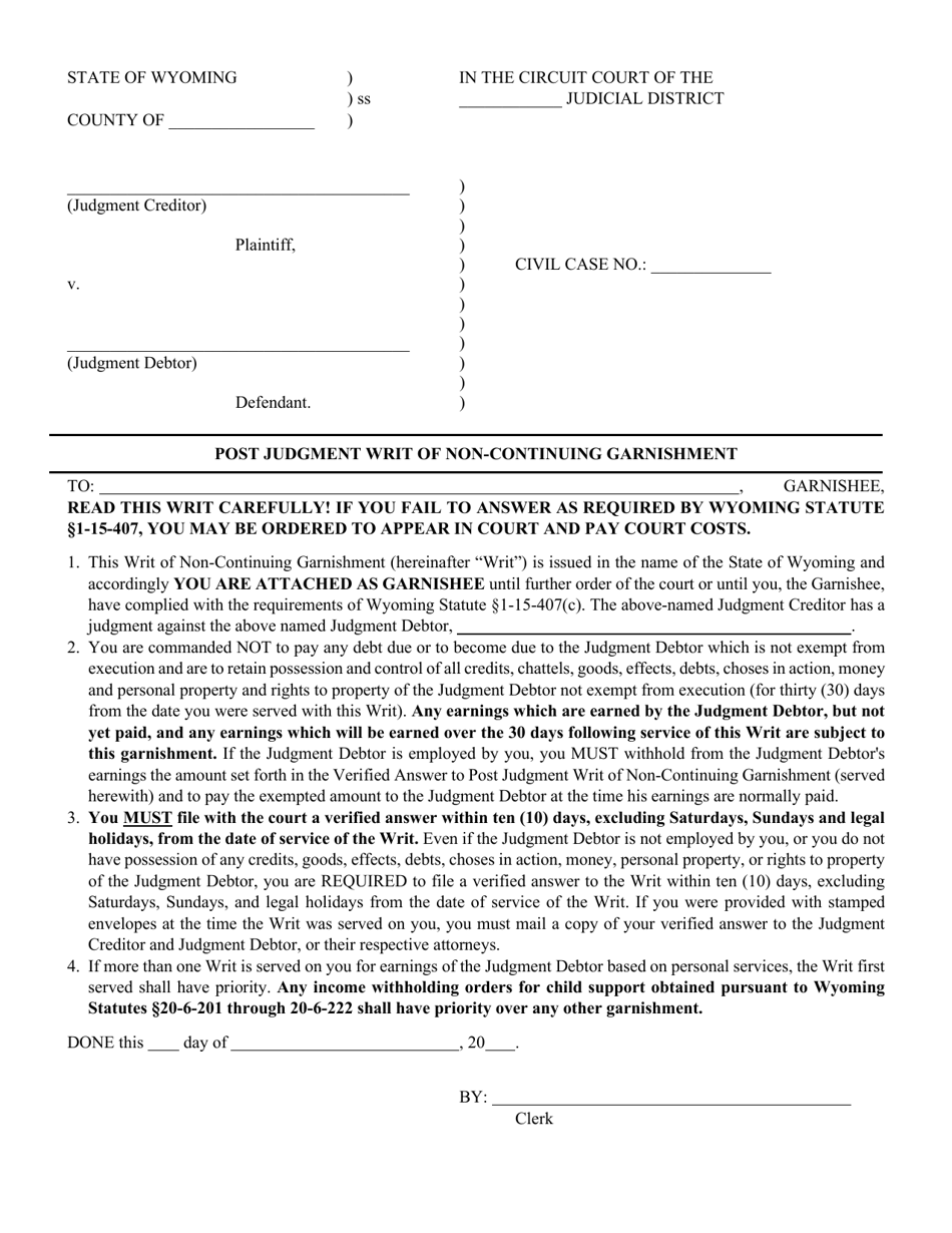 Post Judgment Writ of Non-continuing Garnishment - Wyoming, Page 1