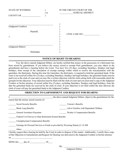 Notice of Right to Hearing and Objection - Non-continuing Garnishment - Wyoming Download Pdf