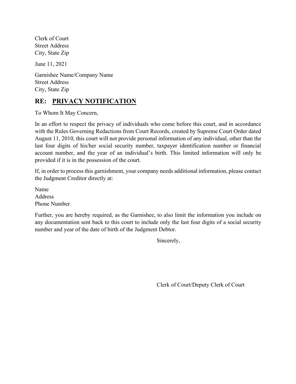 Privacy Notification Letter - Non-continuing Garnishment - Wyoming, Page 1
