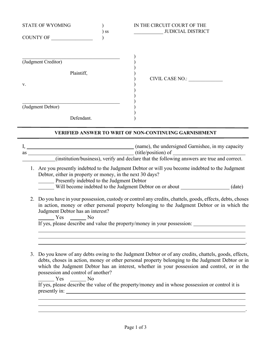 Verified Answer to Writ of Non-continuing Garnishment - Wyoming, Page 1