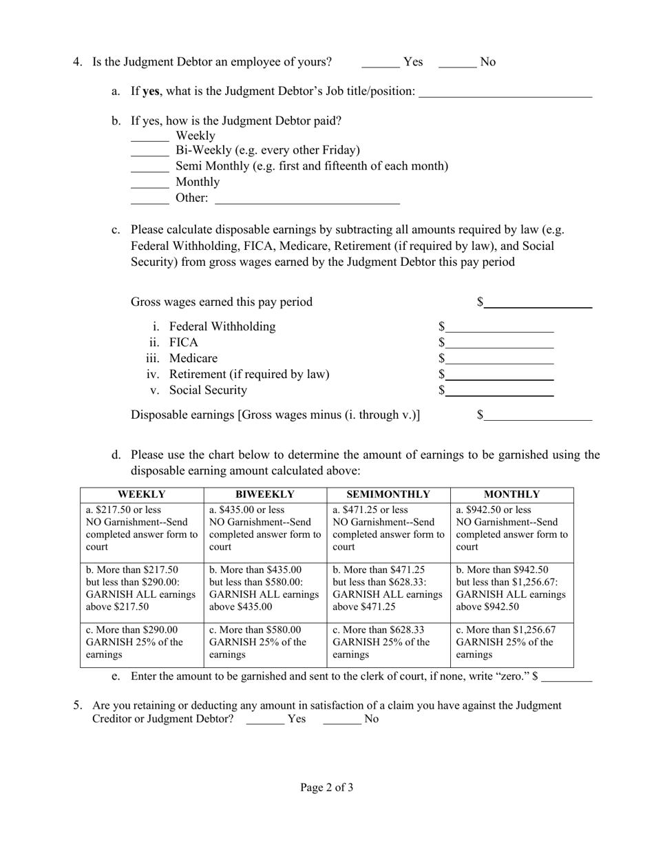 Verified Answer to Writ of Non-continuing Garnishment - Wyoming, Page 2