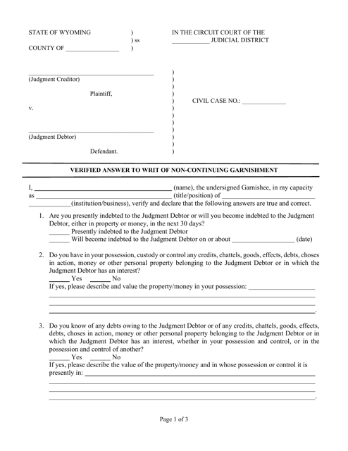 Verified Answer to Writ of Non-continuing Garnishment - Wyoming Download Pdf