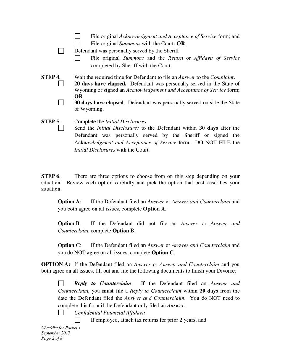 Checklist for Packet 1 Plaintiff Divorce With Minor Children - Wyoming, Page 2