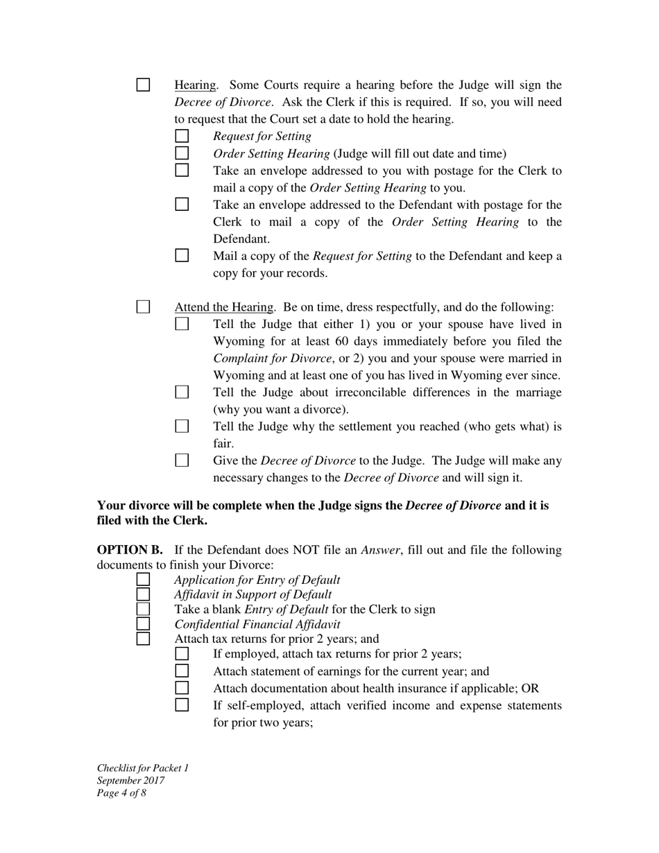 Checklist for Packet 1 Plaintiff Divorce With Minor Children - Wyoming, Page 4
