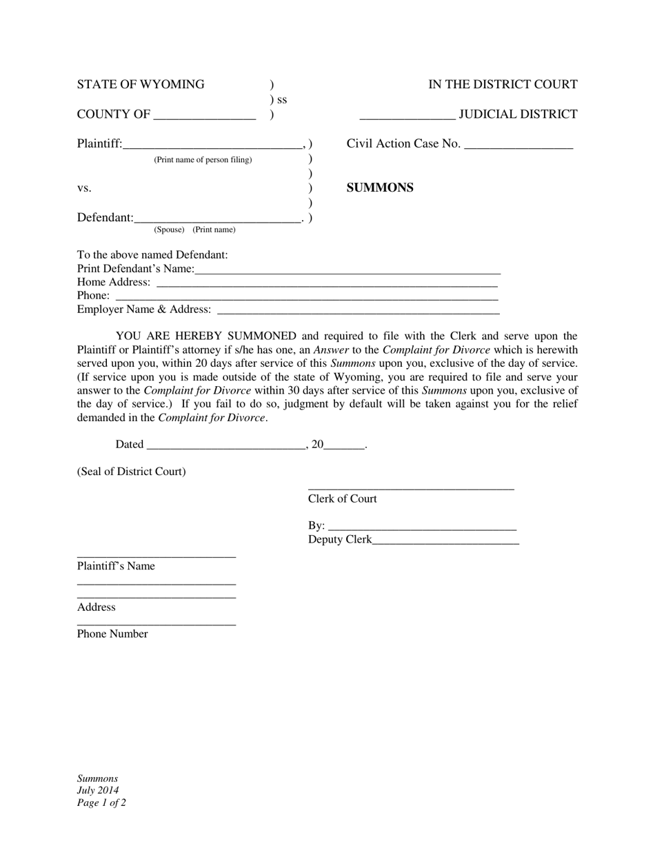 Summons - Divorce With Minor Children - Plaintiff - Wyoming, Page 1