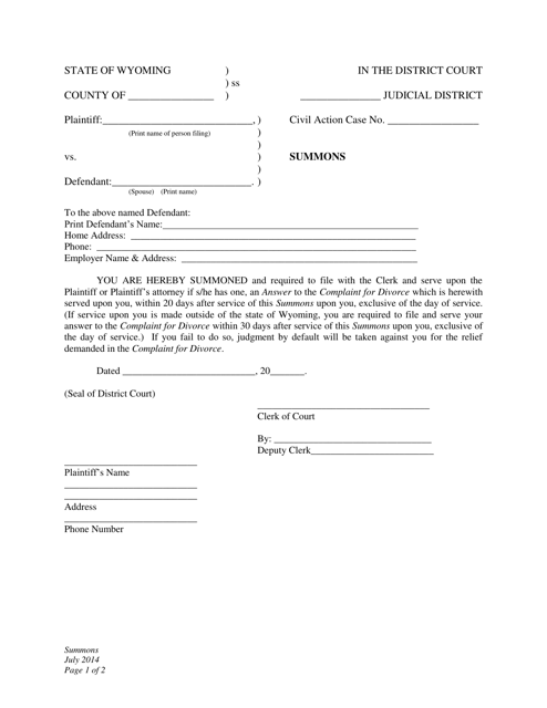 Summons - Divorce With Minor Children - Plaintiff - Wyoming Download Pdf