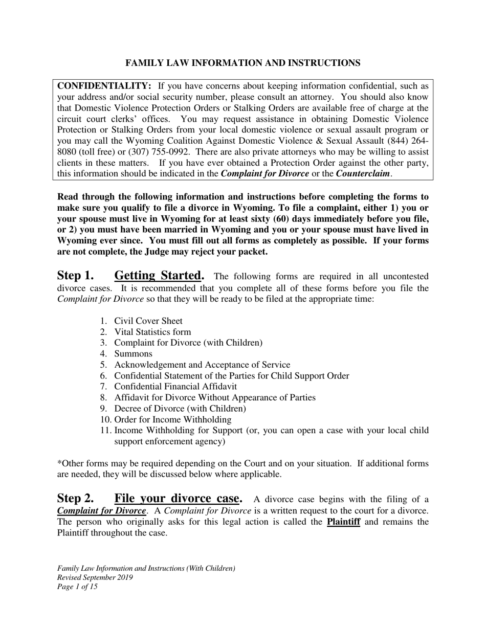 Wyoming Family Law Information and Instructions Divorce With Minor