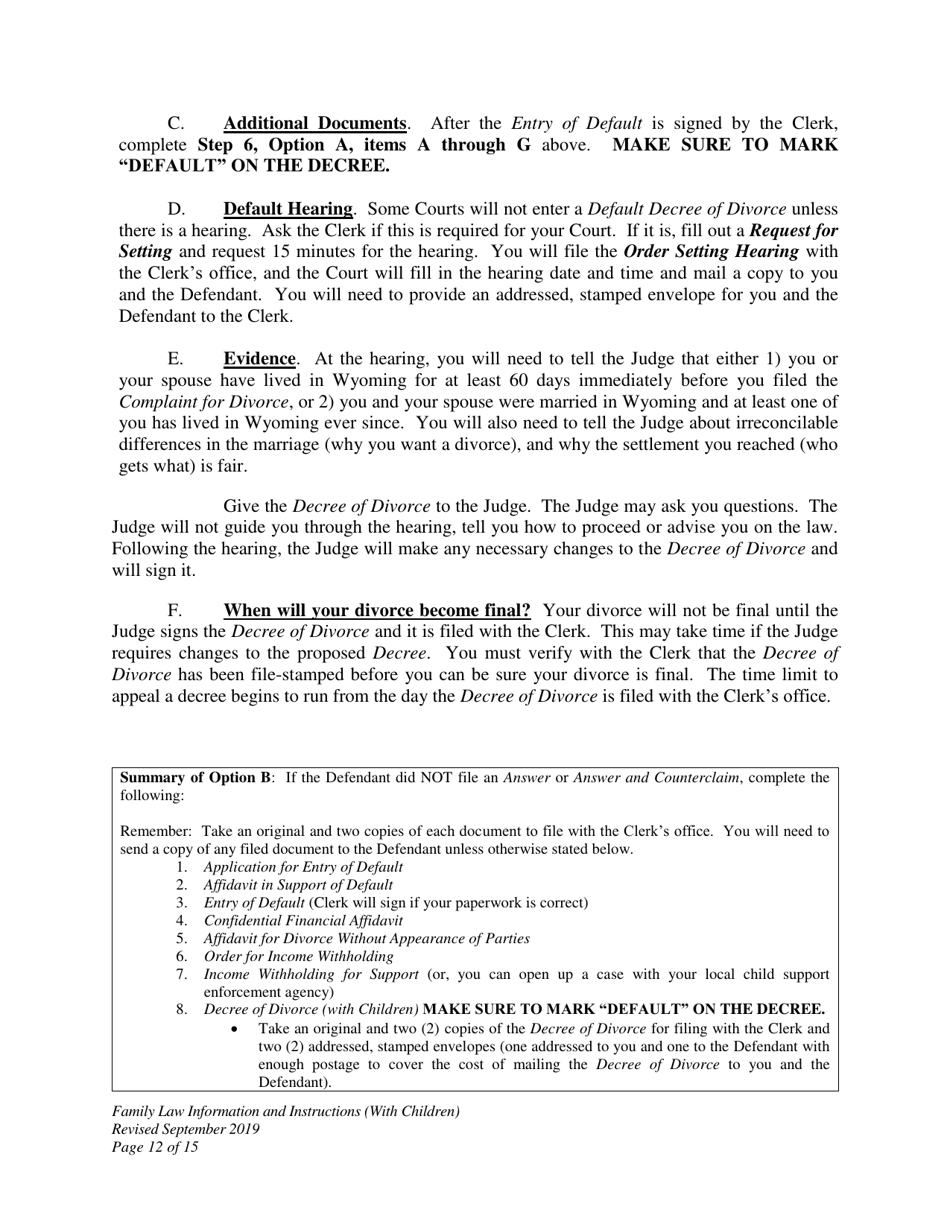 Family Law Information and Instructions - Divorce With Minor Children - Wyoming, Page 12