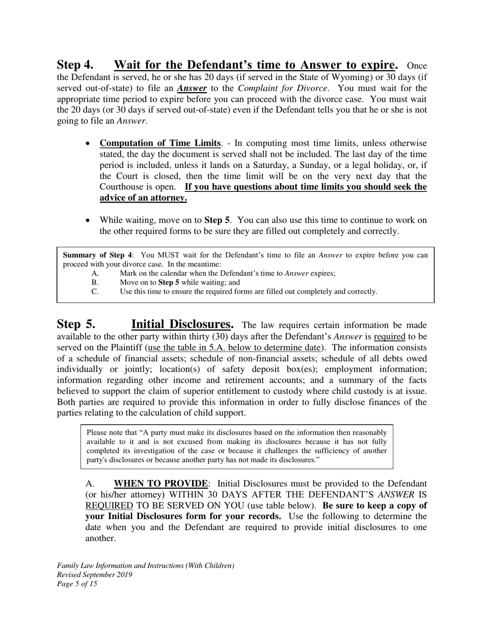 Family Law Information and Instructions - Divorce With Minor Children - Wyoming, Page 5