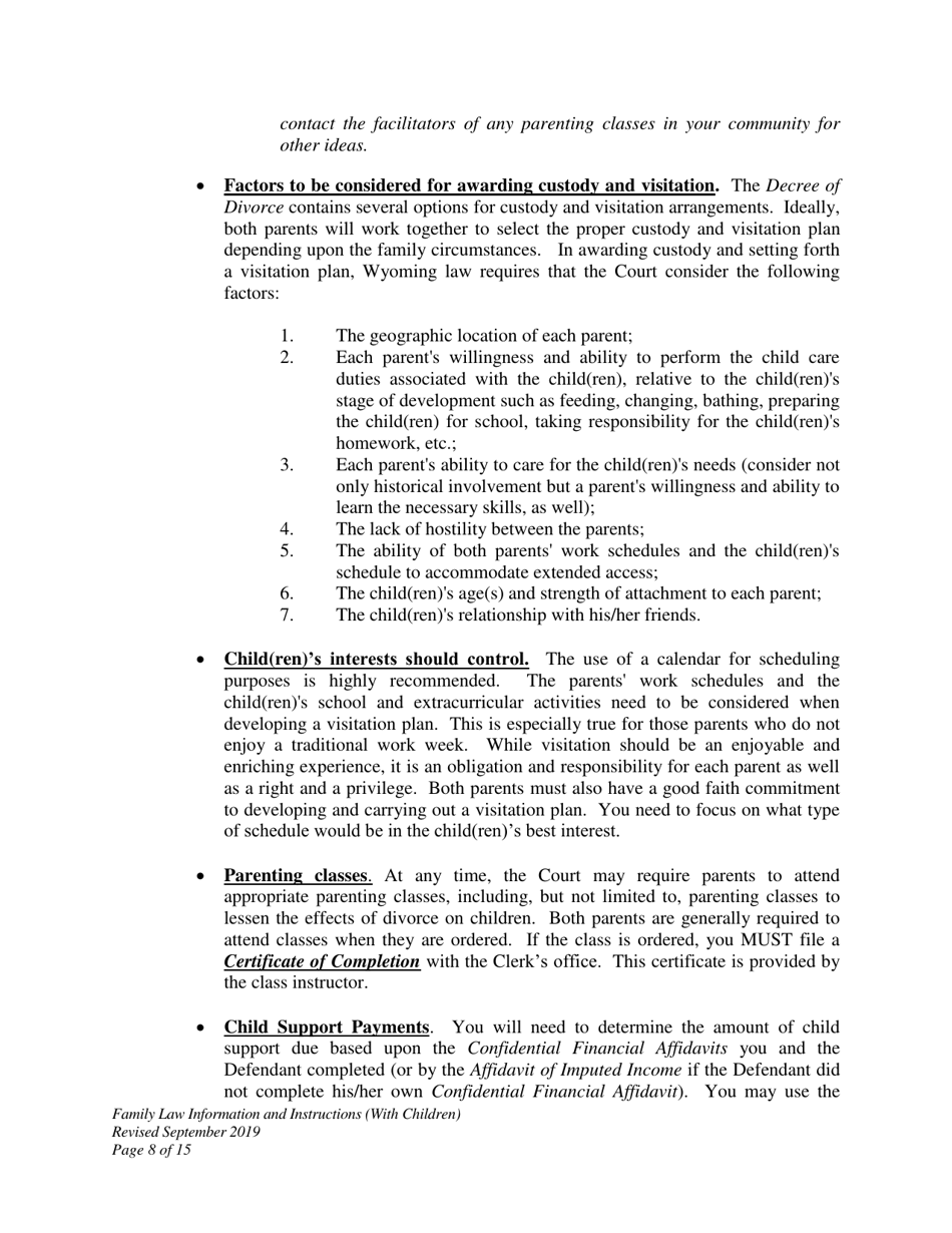 Family Law Information and Instructions - Divorce With Minor Children - Wyoming, Page 8