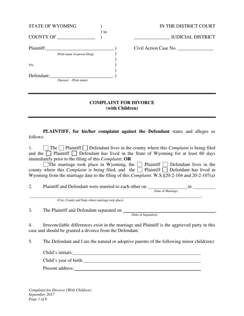 Complaint for Divorce (With Children) - Wyoming Download Pdf