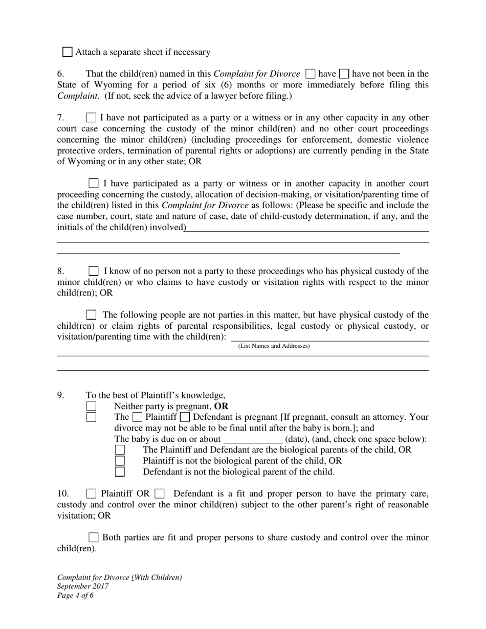 Complaint for Divorce (With Children) - Wyoming, Page 4