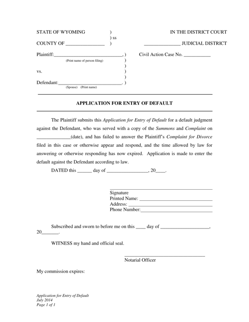 Application for Entry of Default - Divorce With Minor Children - Plaintiff - Wyoming Download Pdf