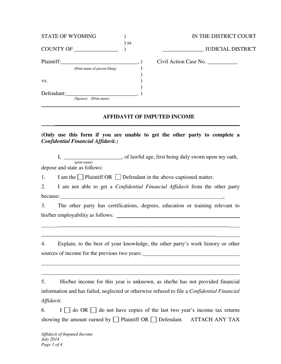 Affidavit of Imputed Income - Divorce With Minor Children - Plaintiff - Wyoming, Page 1