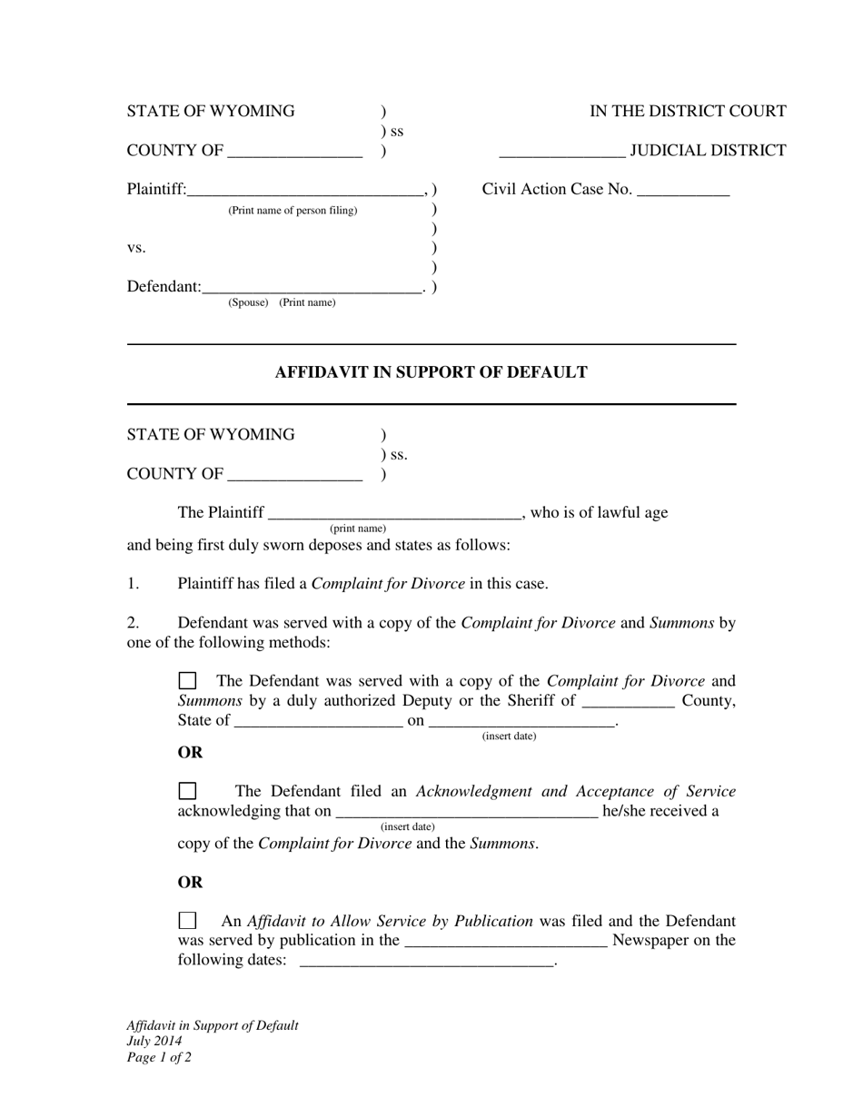 Affidavit in Support of Default - Wyoming, Page 1